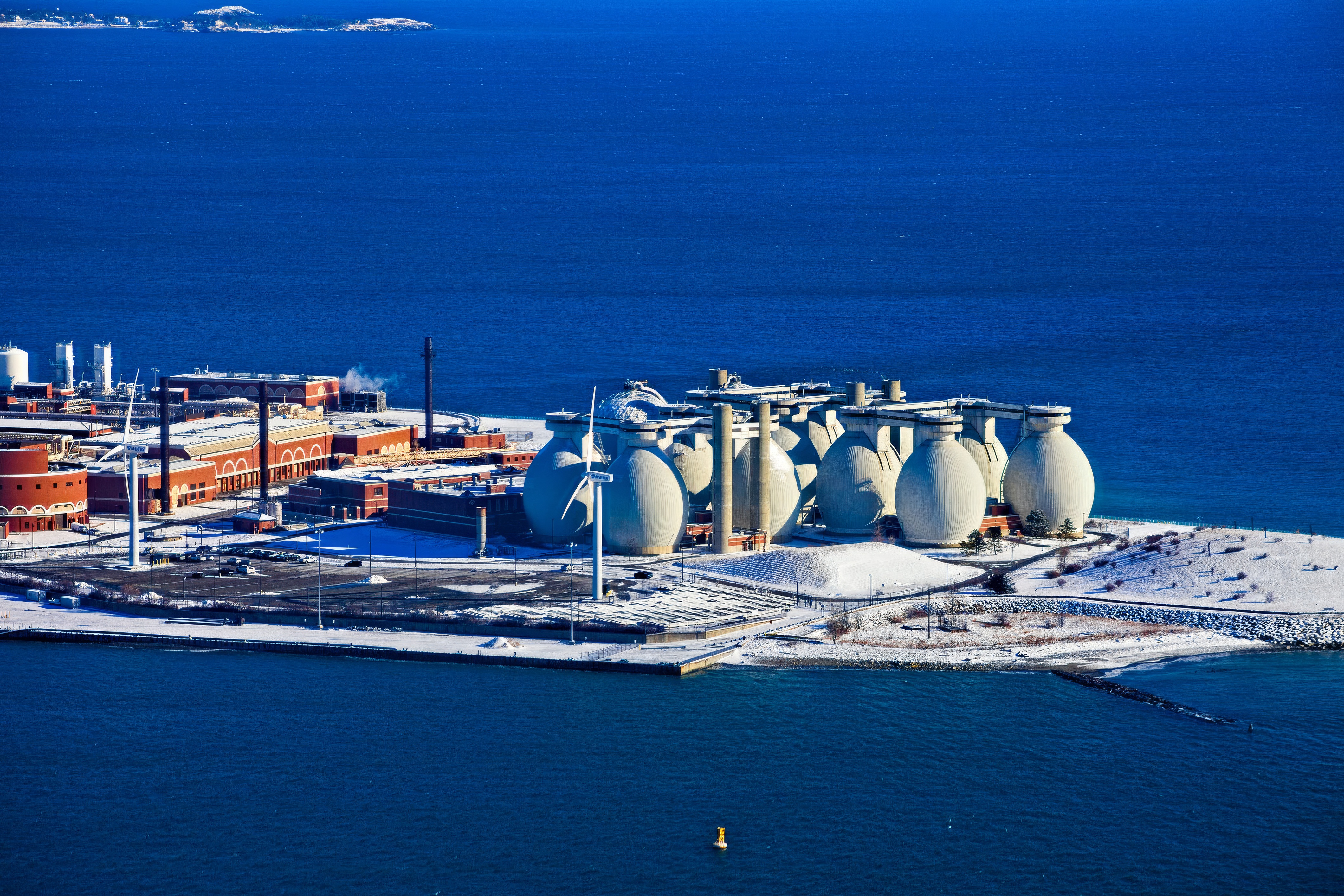 Aerial view of the Deer Island wastewater treatment plant in Boston Harbor in 2020