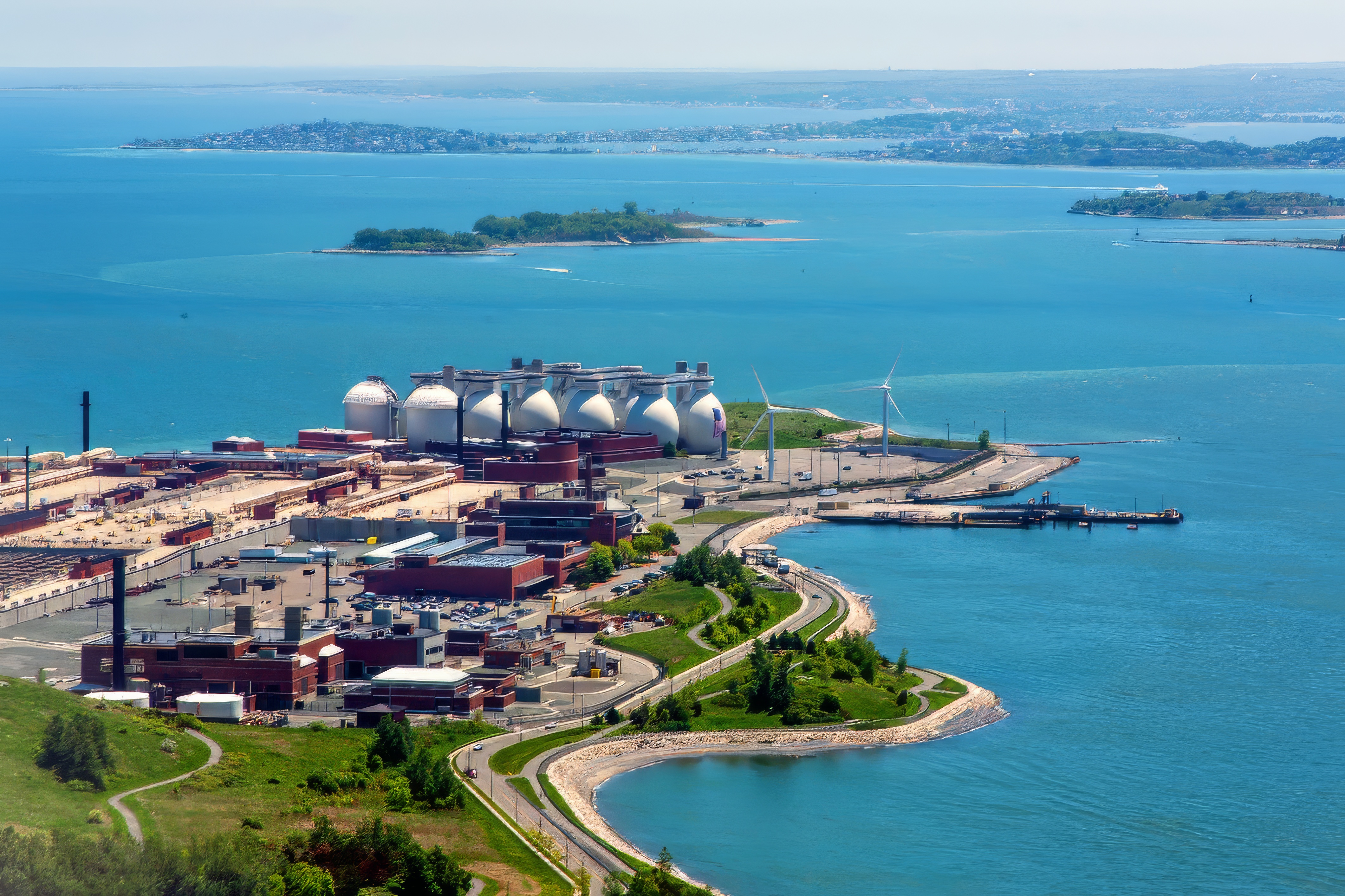 Aerial view of the Deer Island wastewater treatment plant in Boston Harbor in 2014