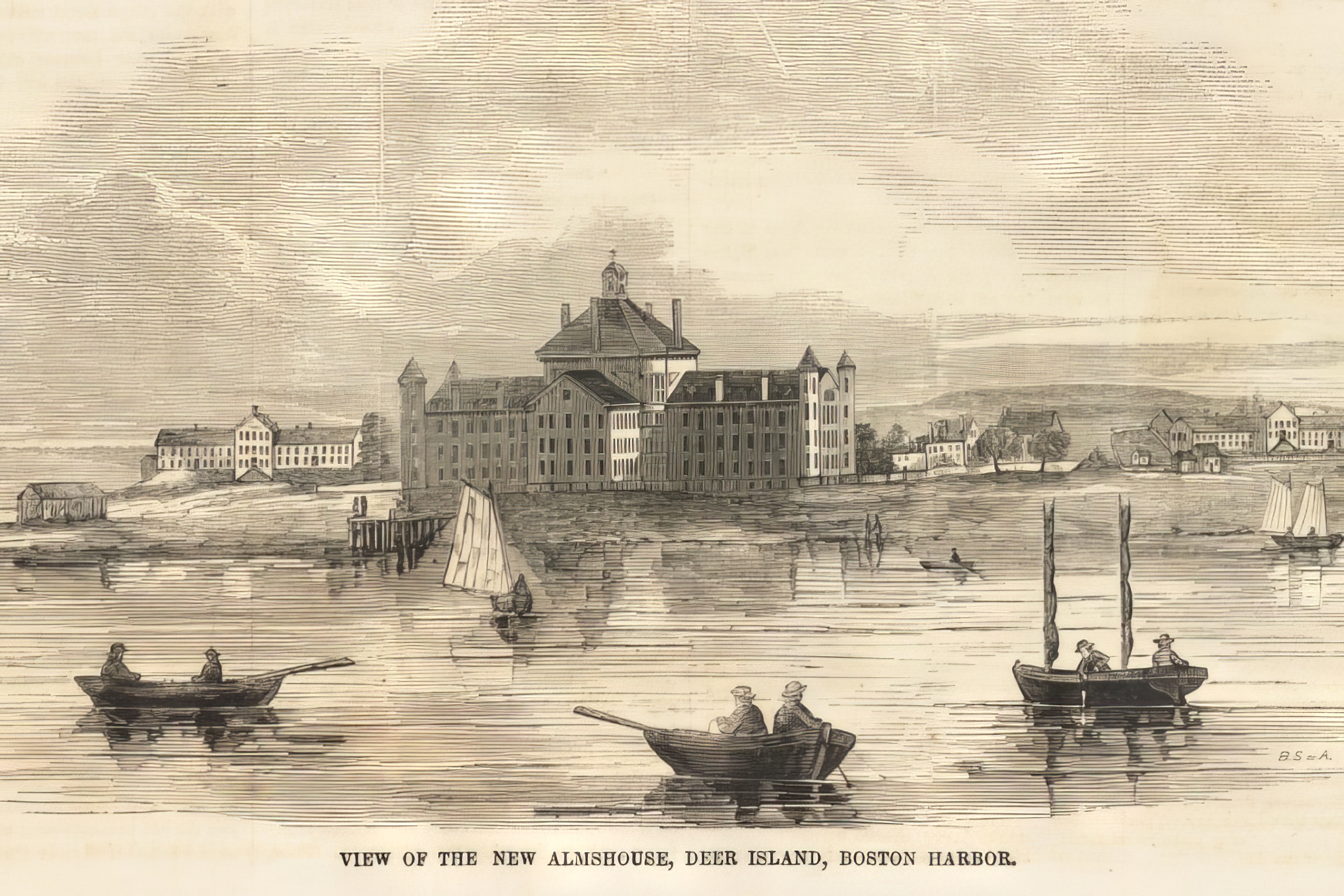 View of the Deer Island almshouse on December 25, 1852