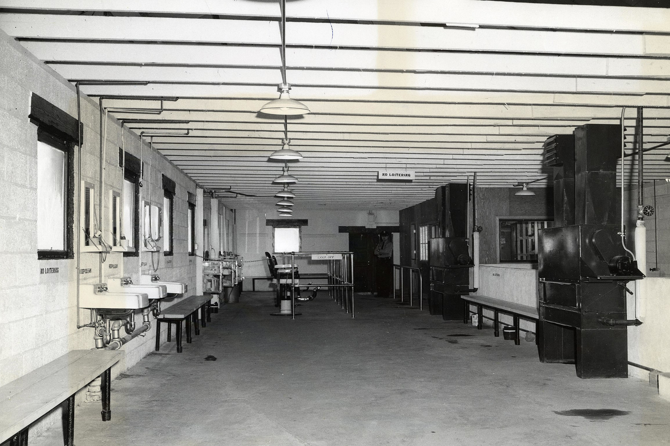 Old photo of the new shower room at the House of Correction on Deer Island in Boston Harbor