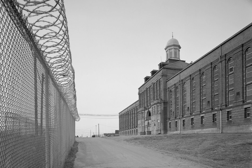 Old black and white photo of Deer Island Prison