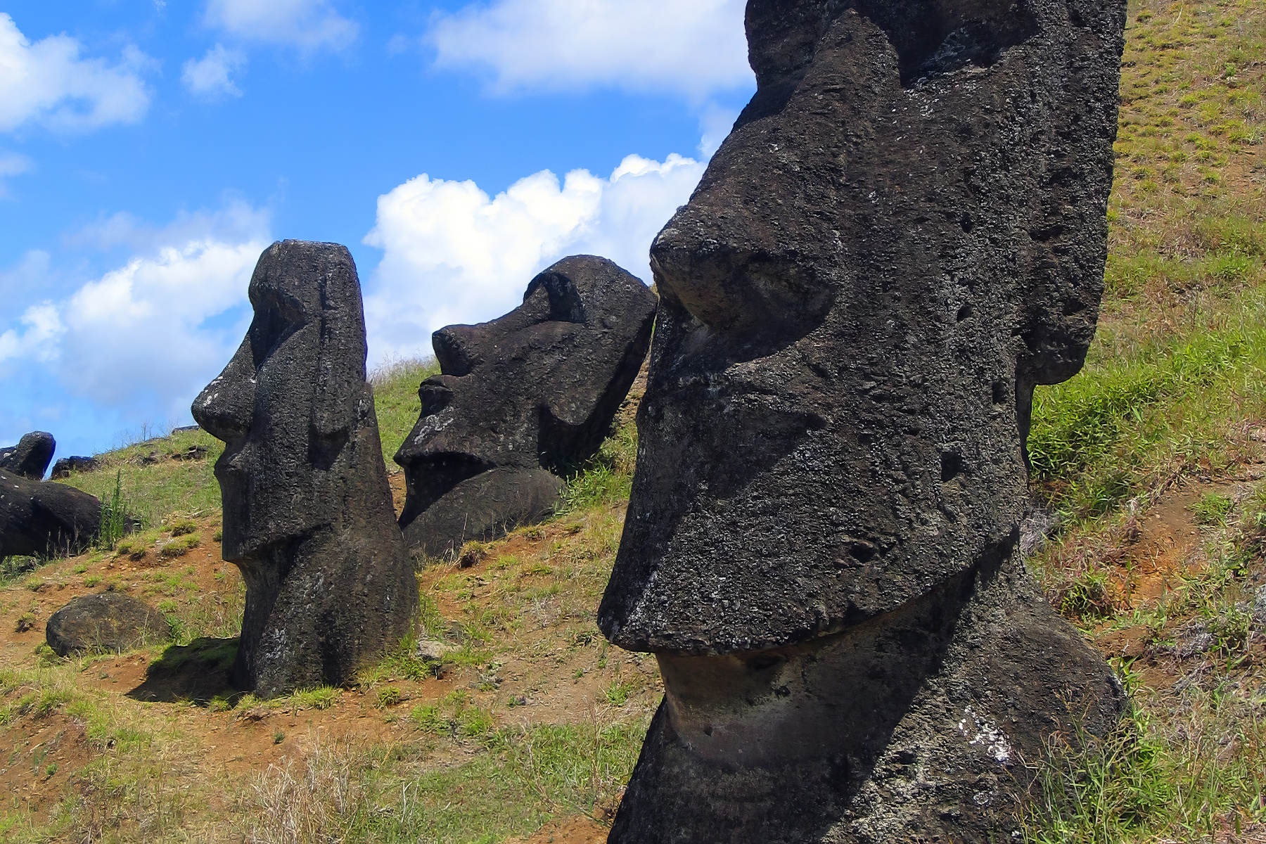 Close-up view of Moai statues on Easter Island in 2004