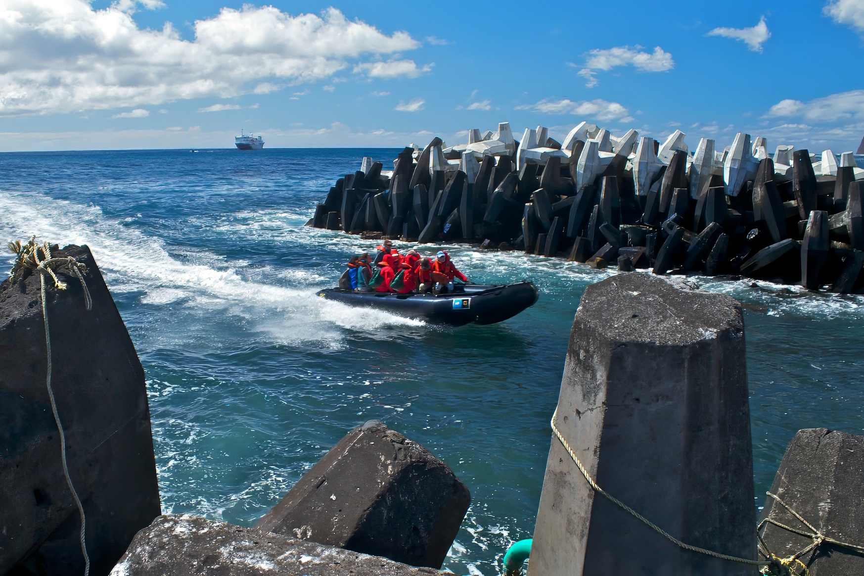 A Zodiac bringing visitors to the island of Tristan Da Cunha